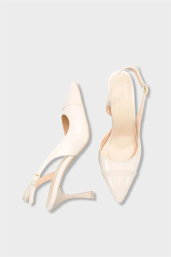 Capone Sall Pointed Toe Croc Effect Open Back Mid Heel Women Beige Shoe