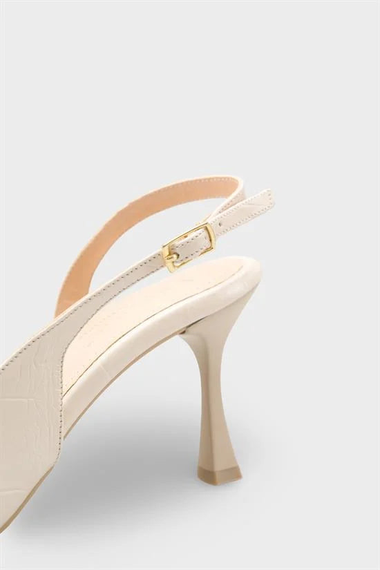 Capone Sall Pointed Toe Croc Effect Open Back Mid Heel Women Beige Shoe
