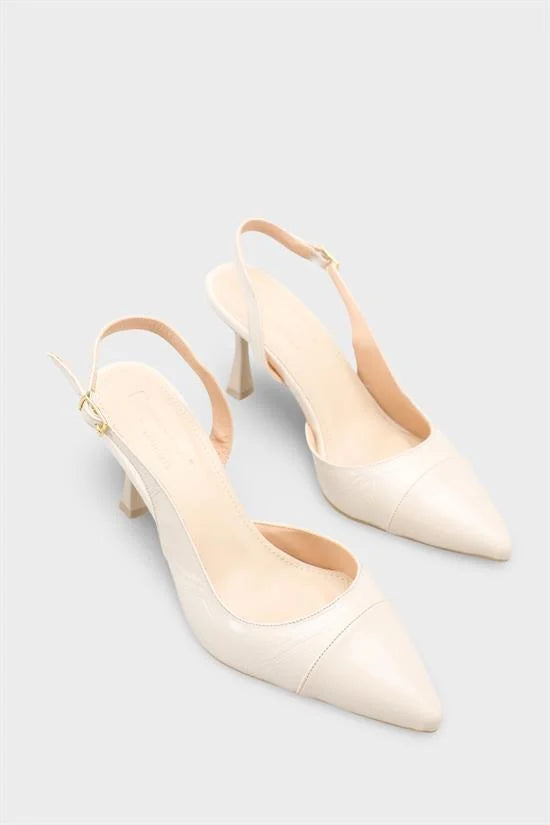 Capone Sall Pointed Toe Croc Effect Open Back Mid Heel Women Beige Shoe