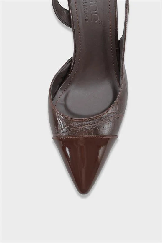 Capone Sall Pointed Toe Croc Effect Open Back Mid Heel Women Beige Shoe