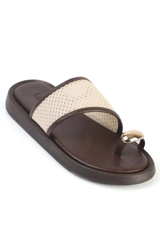 Capone Selie Round Toe Thong Metal Accessory Women Beige Sandal