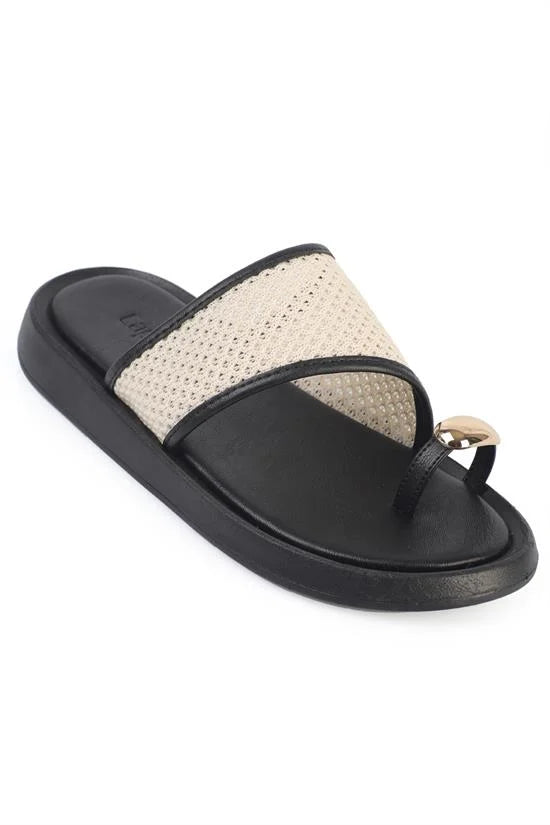 Capone Selie Round Toe Thong Metal Accessory Women Beige Sandal