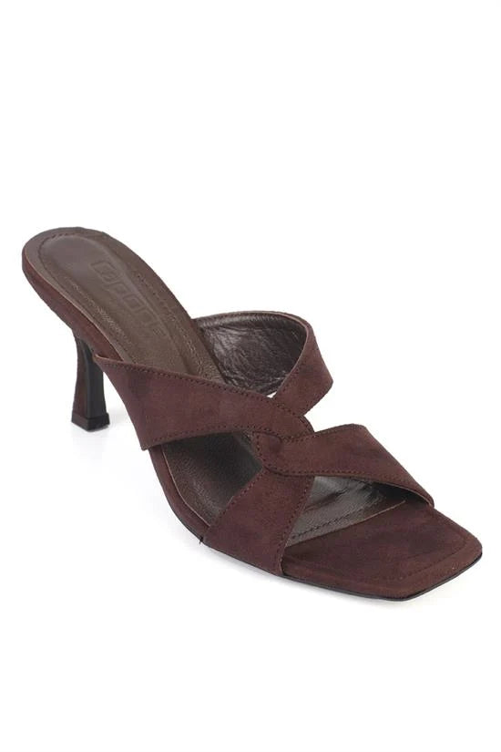 Capone Sissy Genuine Leather Lined Square Toe Cross Strap Mid Heel Suede Look Elegant Women Sued Black Sandal
