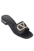 Capone Square Toe Crystal Embellished Buckle Satin Low Heel Women Satin Beige Sandal