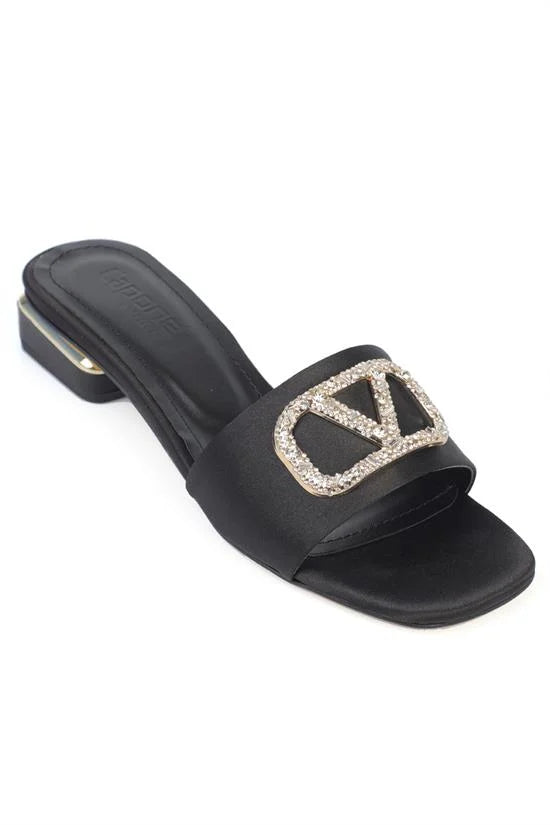 Capone Square Toe Crystal Embellished Buckle Satin Low Heel Women Satin Beige Sandal