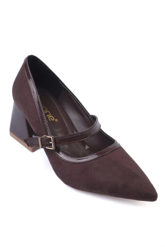 Capone Susann Pointed Toe Thick Mid Heel Strappy Faux Suede Women Sued Black Shoes