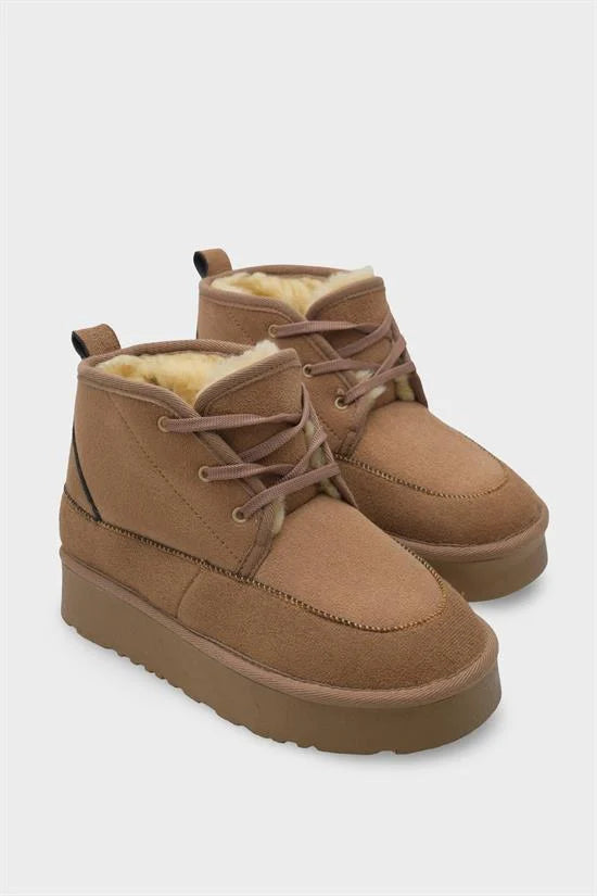 Capone Thick Sole Round Toe Laced Furry Women Beige Boots