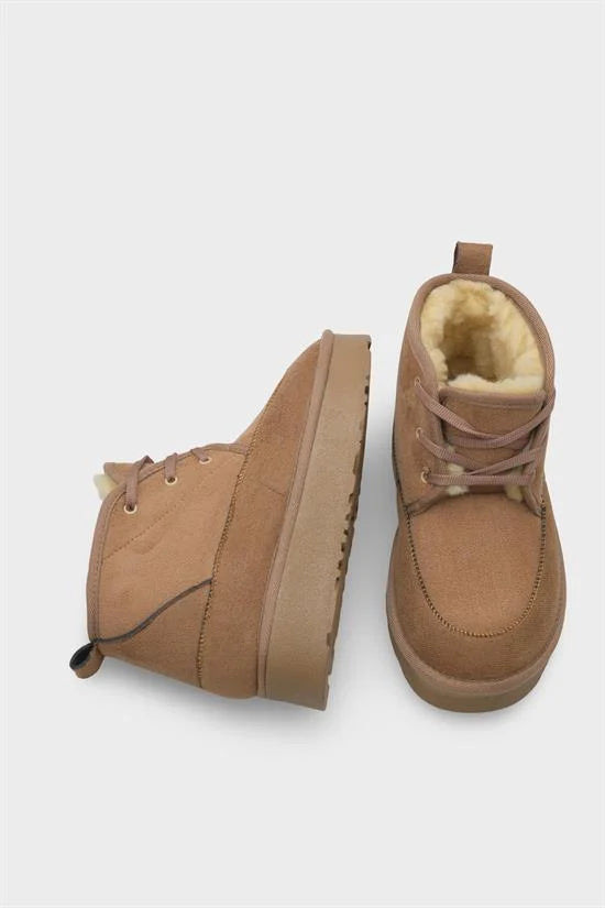 Capone Thick Sole Round Toe Laced Furry Women Beige Boots