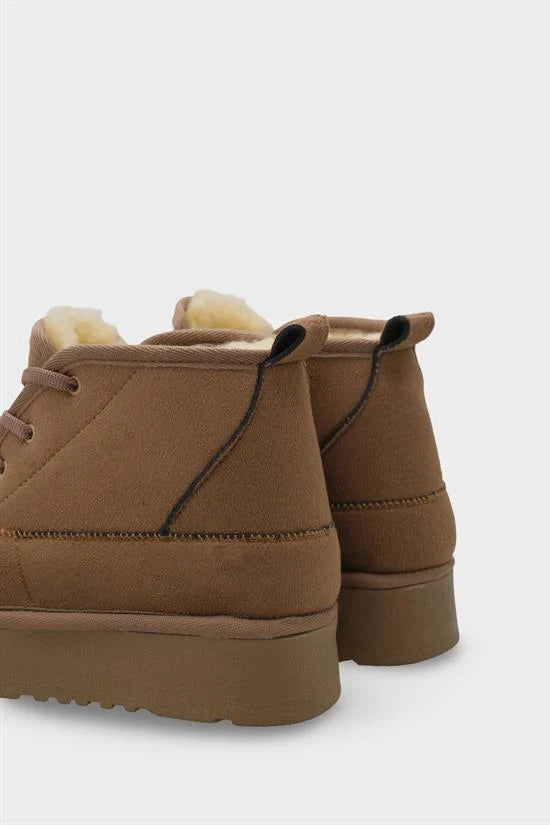 Capone Thick Sole Round Toe Laced Furry Women Beige Boots