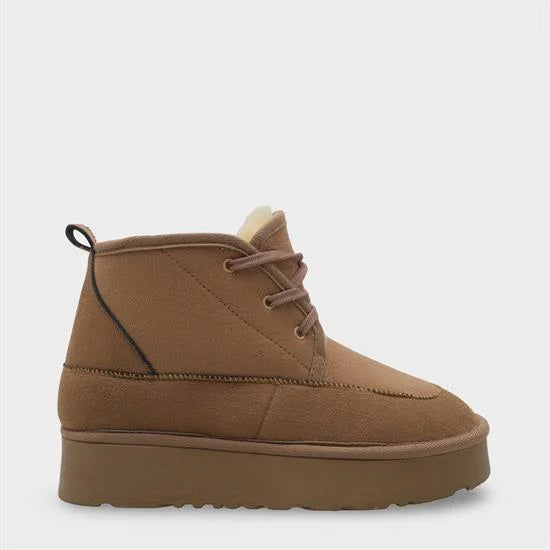 Capone Thick Sole Round Toe Laced Furry Women Beige Boots