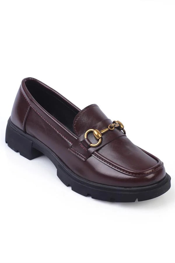 Capone Track Sole Metal Buckled Women Burgundy Loafers