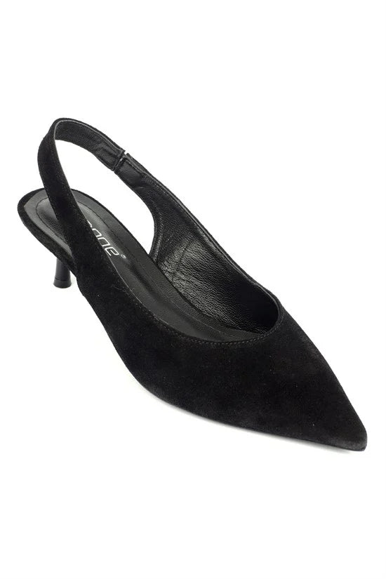 Capone Tressa Genuine Leather Pointed Toe Open Back Mid Heel Women Black Shoe
