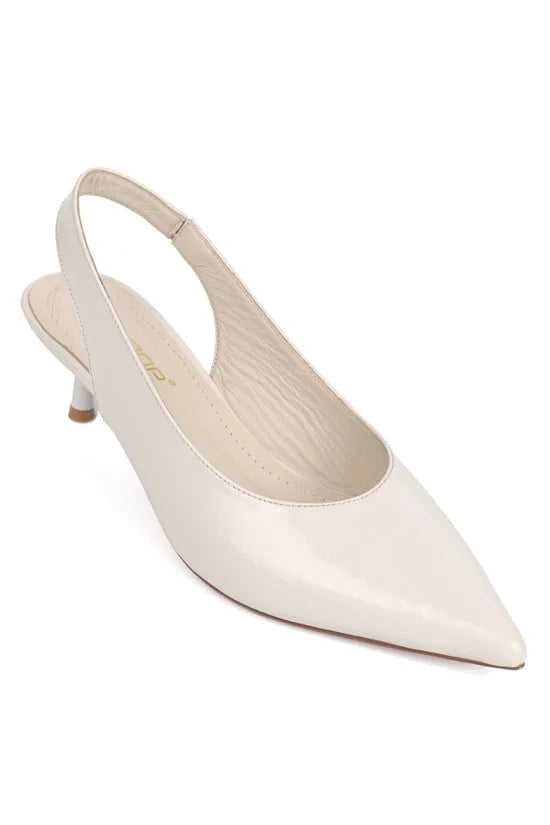 Capone Tressa Genuine Leather Pointed Toe Open Back Mid Heel Women Beige Shoe