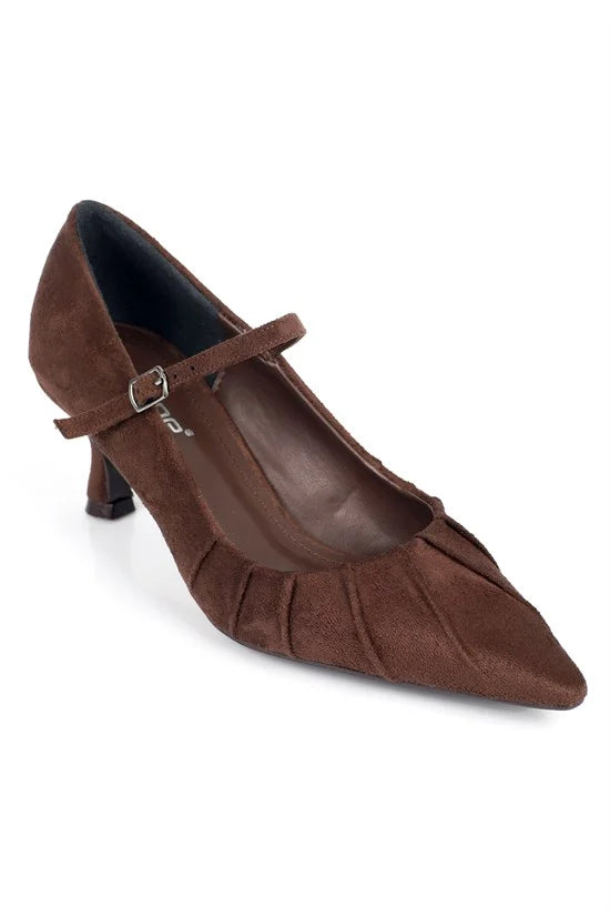 Capone Valery Suede Look Ruched Pointed Toe Women Sued Black Mary Jane Shoes