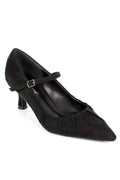 Capone Valery Suede Look Ruched Pointed Toe Women Sued Black Mary Jane Shoes