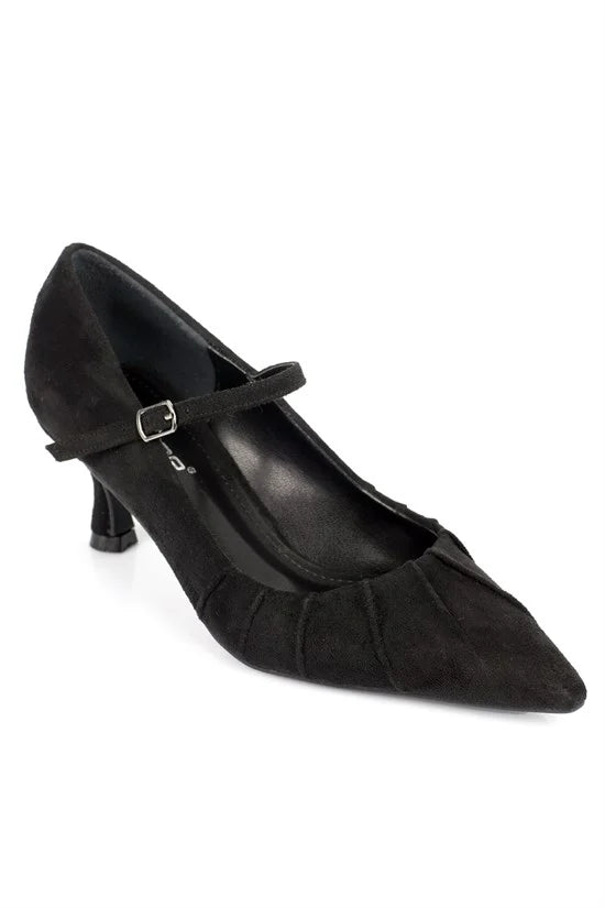 Capone Valery Suede Look Ruched Pointed Toe Women Sued Black Mary Jane Shoes
