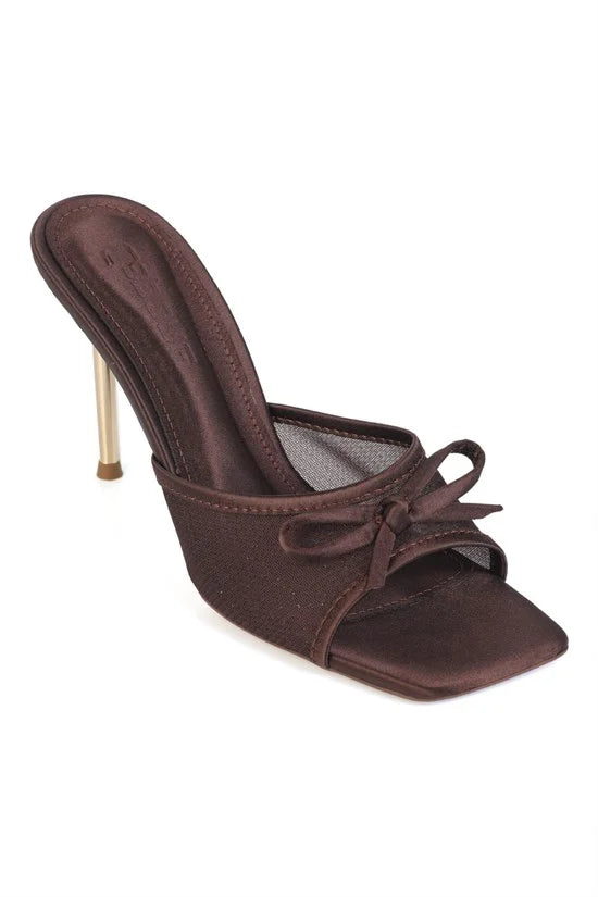 Capone Veronike High Metal Heel Mesh Bow Detail Elegant Women Satin Black Sandal