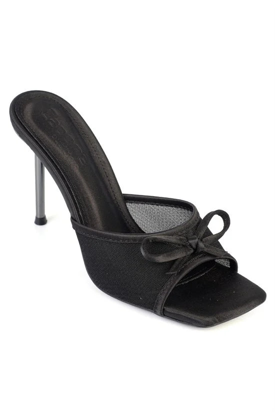 Capone Veronike High Metal Heel Mesh Bow Detail Elegant Women Satin Black Sandal