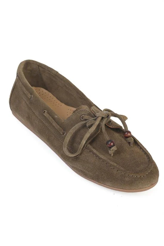 Capone Vicki Genuine Leather Suede Lace-Up Beaded Comfort Women Walnut Loafer Boat Shoe