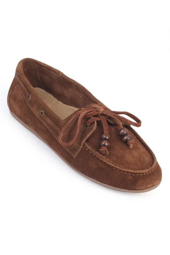 Capone Vicki Genuine Leather Suede Lace-Up Beaded Comfort Women Walnut Loafer Boat Shoe