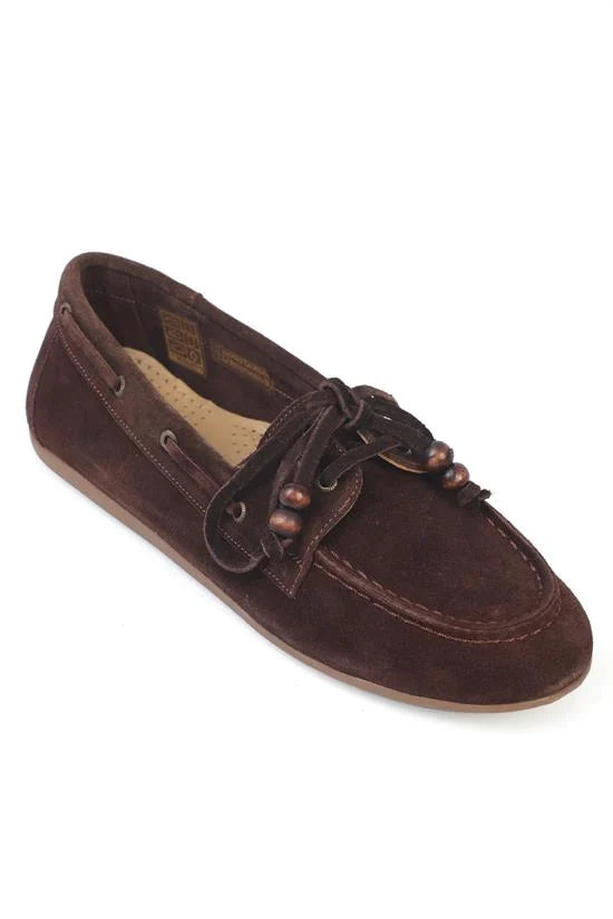 Capone Vicki Genuine Leather Suede Lace-Up Beaded Comfort Women Walnut Loafer Boat Shoe
