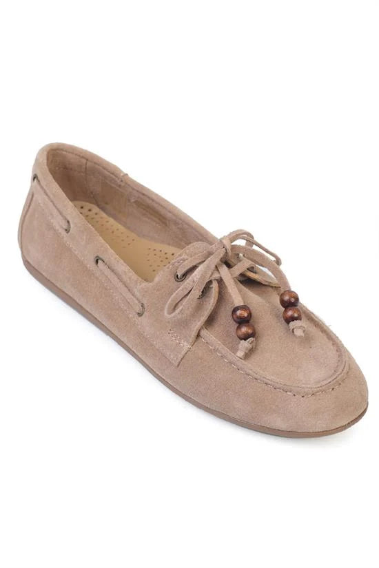 Capone Vicki Genuine Leather Suede Lace-Up Beaded Comfort Women Walnut Loafer Boat Shoe