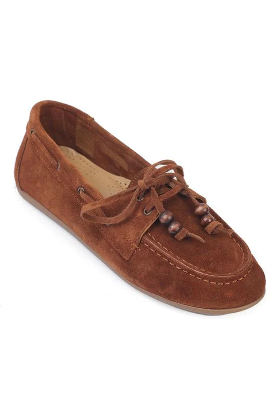 Capone Vicki Genuine Leather Suede Lace-Up Beaded Comfort Women Walnut Loafer Boat Shoe