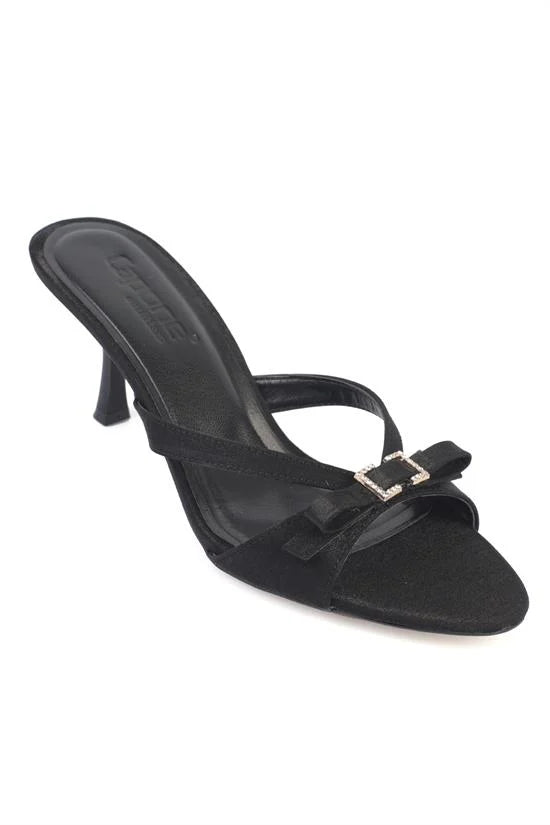 Capone Vivia Pointed Toe Crystal Embellished Buckle Satin Mid Heel Elegant Women Satin Brown Sandal