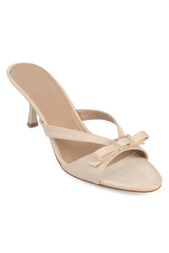 Capone Vivia Pointed Toe Crystal Embellished Buckle Satin Mid Heel Elegant Women Satin Brown Sandal