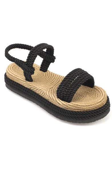 Capone Eileen Wedge Heel Corded Women Black Slippers