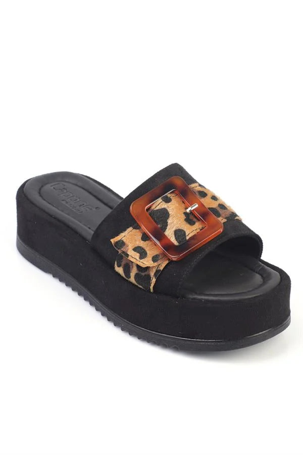 Capone Marin Wedge Heel Leopard Buckle Suede Women Sued Black Sandals