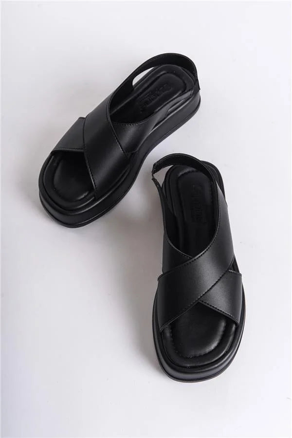 Capone Dena Wedge Heeled Cross Strap Women Black Sandals