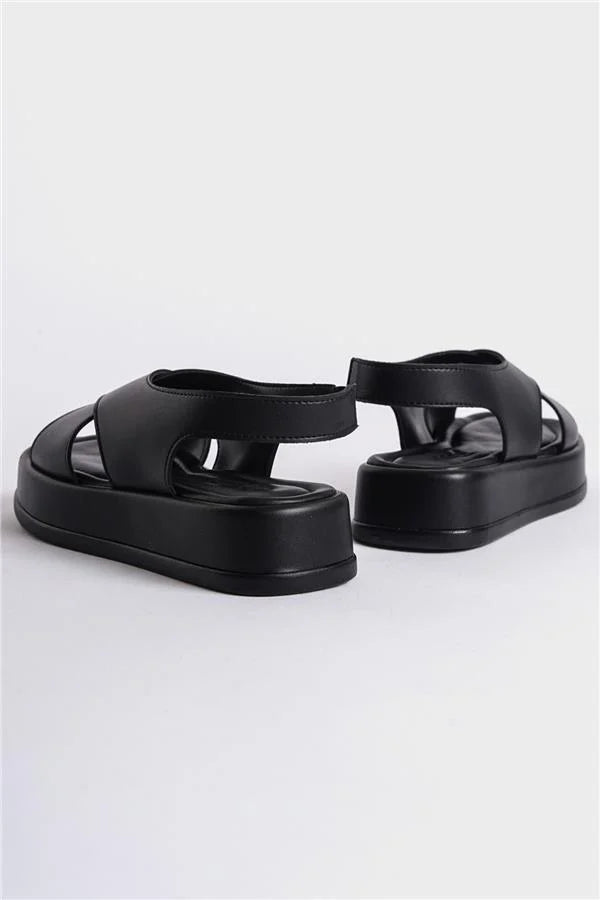 Capone Dena Wedge Heeled Cross Strap Women Black Sandals