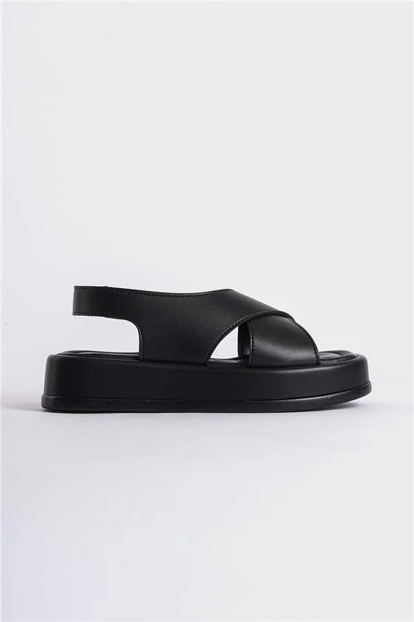 Capone Dena Wedge Heeled Cross Strap Women Black Sandals