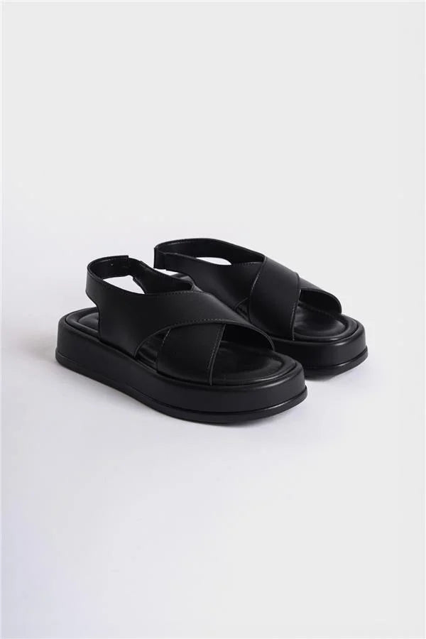 Capone Dena Wedge Heeled Cross Strap Women Black Sandals