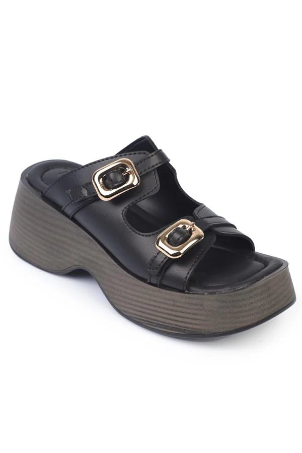 Capone Masha Wedge Heeled Double Buckled Women Black Sandals