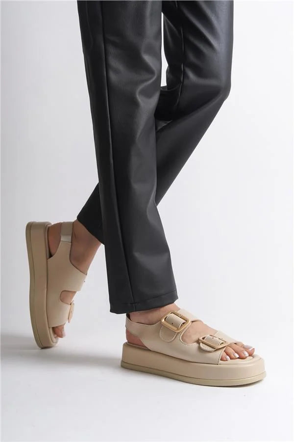 Capone Denice Wedge Heeled Double Strap Buckle Women Sued Beige Sandals