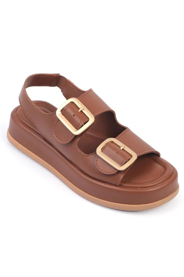 Capone Denice Wedge Heeled Double Strap Buckle Women Sued Beige Sandals