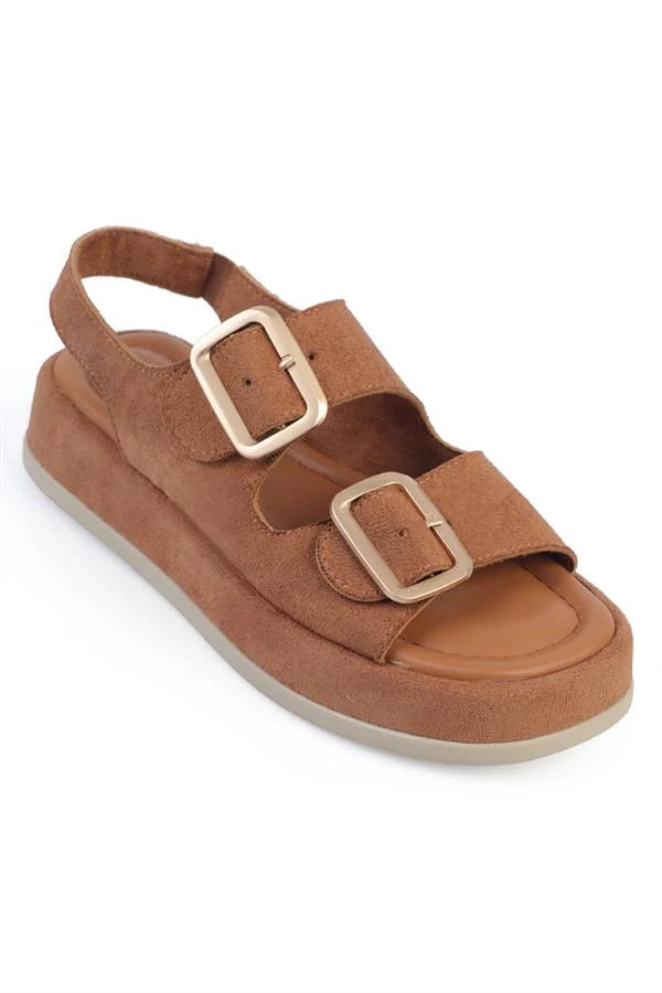 Capone Denice Wedge Heeled Double Strap Buckle Women Sued Beige Sandals