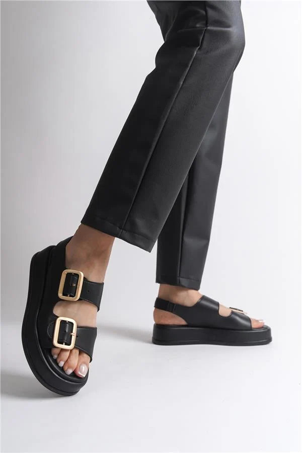 Capone Denice Wedge Heeled Double Strap Buckle Women Sued Beige Sandals