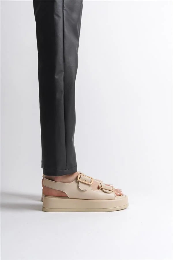 Capone Denice Wedge Heeled Double Strap Buckle Women Sued Beige Sandals