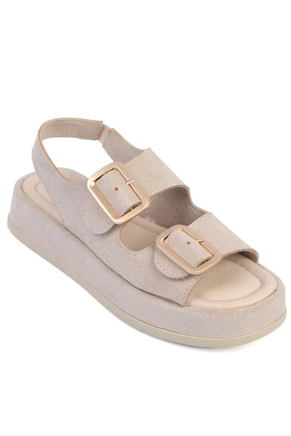 Capone Denice Wedge Heeled Double Strap Buckle Women Sued Beige Sandals