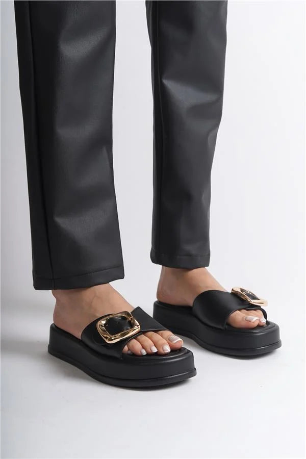 Capone Marget Wedge Heeled Single Strap Buckle Women Black Sandals