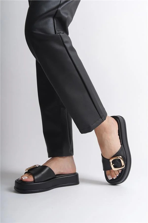 Capone Marget Wedge Heeled Single Strap Buckle Women Black Sandals