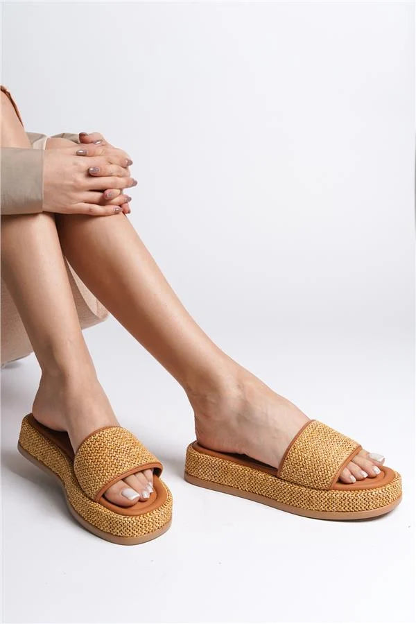 Capone Wedge Heeled Wicker Single Strap Women Tan Sandals