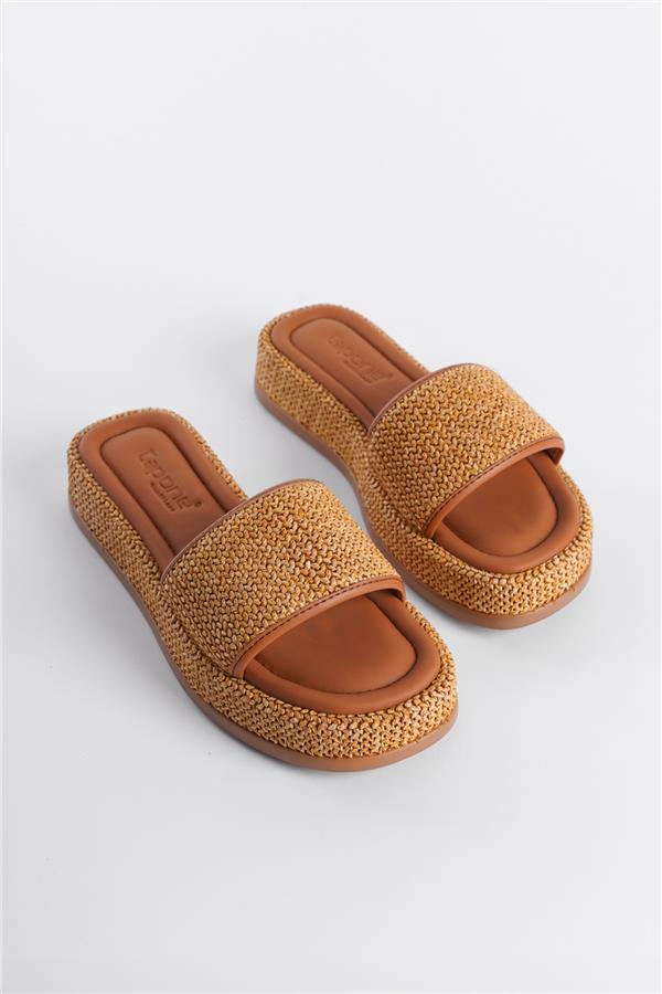 Capone Wedge Heeled Wicker Single Strap Women Tan Sandals