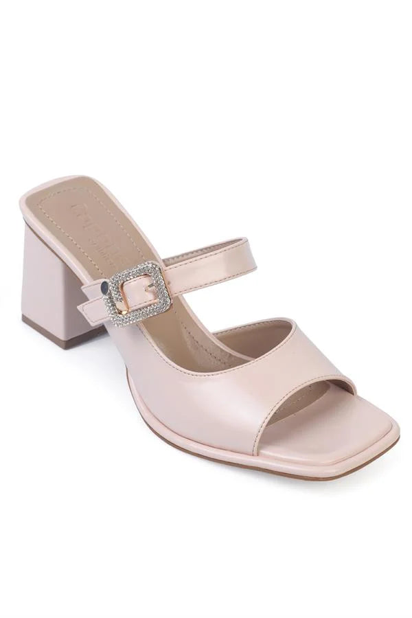 Capone Monika Blunt Toe Medium Heel Crystal Embellished Buckled Women Beige Sandals