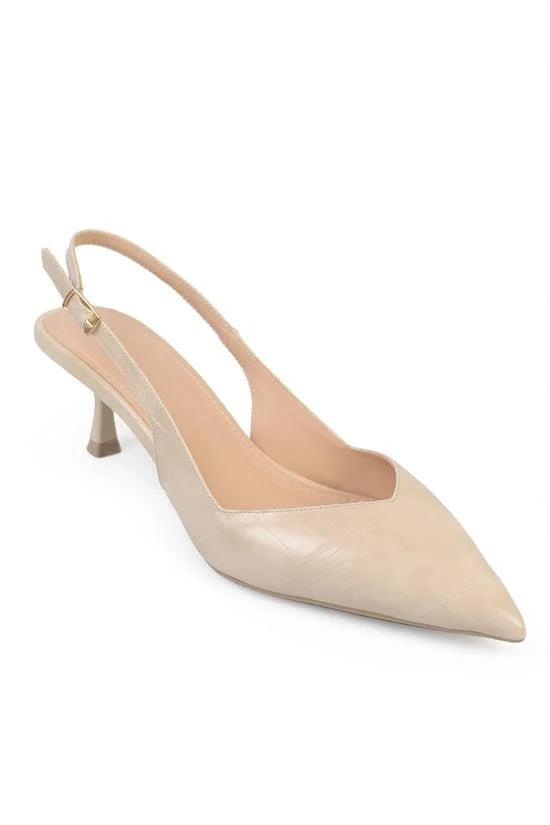 Capone Yoko Croc Effect Pointed Toe Slingback Mid Heel Women Beige Shoe