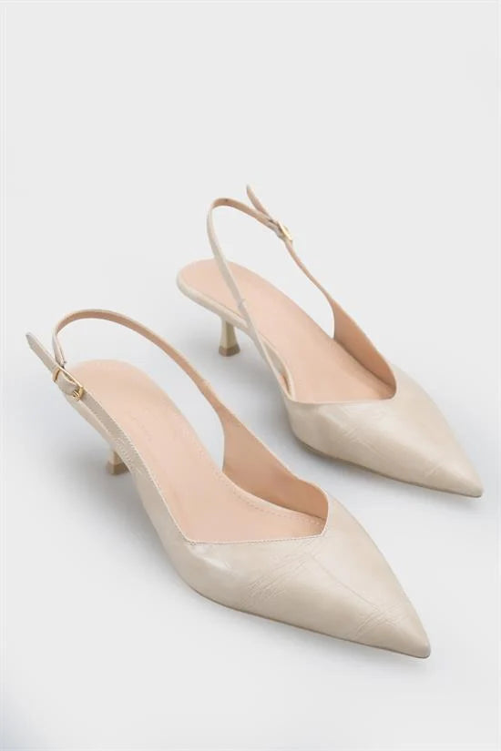 Capone Yoko Croc Effect Pointed Toe Slingback Mid Heel Women Beige Shoe