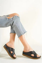 Capone Kandy Z0632 Women Navy Slide Comfort Anatomical Cross Band Sandals